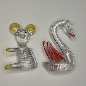 Vintage Lucite Clear Plastic Animal Figurines Mouse Swan 2 Pc 70s
